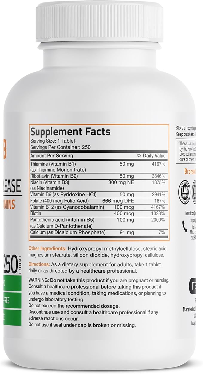 Bronson Super B Vitamin B Complex B1, B2, B2, B3, B3, B6, B6, B9 B9 - B12) Contains 250 Tablets