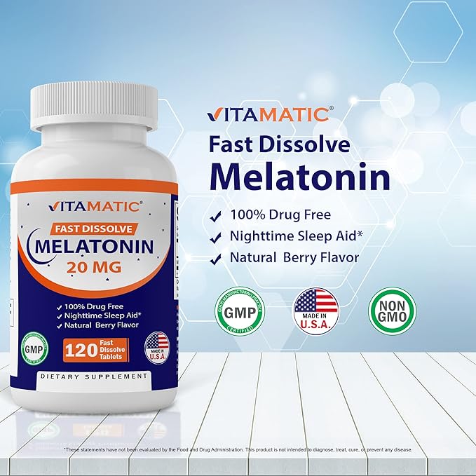 Vitamatic Melatonin 20mg Tablets 20 MG (1/2 Tablets 10mg) (120 (120 Count (12 Pack