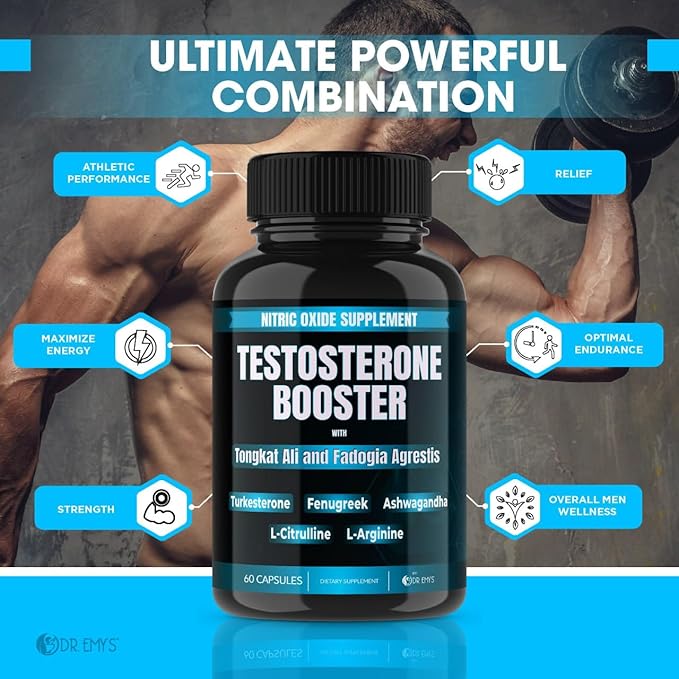 Dr. Emy's (2 Pack Testosterone Booster-Tongkat Ali Fadogia Agrestis Nitric Oxide Ashwagandha Supplement for Men with L Arginine Citrulline Fenugreek - Turkesterone Pre Workout Pump (120 Capsules)