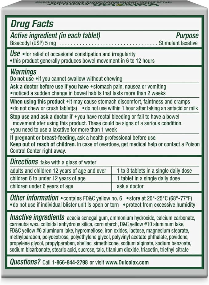 Dulcolax Overnight Relief Laxative for Gentle 5 mg 50 Count 125 mg