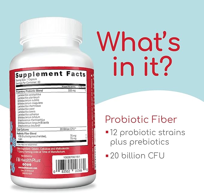 Health Plus Probiotic Fiber 30 Capsules, 30 Servings