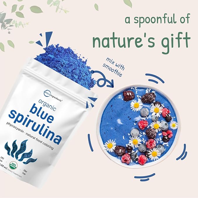 Organic Blue Spirulina Powder (Phycocyanin Extract), 30 Servings - No Fishy Smell, 100% Vegan Protein from Blue-Green Algae, Natural Luminous Food Coloring for Smoothies, Baking, Drinks & Cooking