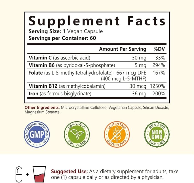 Iron Supplement, 36 mg of Elemental B6, B12, B12, folate, 60 Veggie