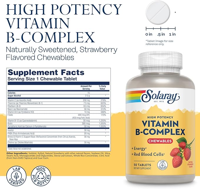 Solaray Vitamin B-Complex Chewables, Strawberry, Healthy 50 Tablets