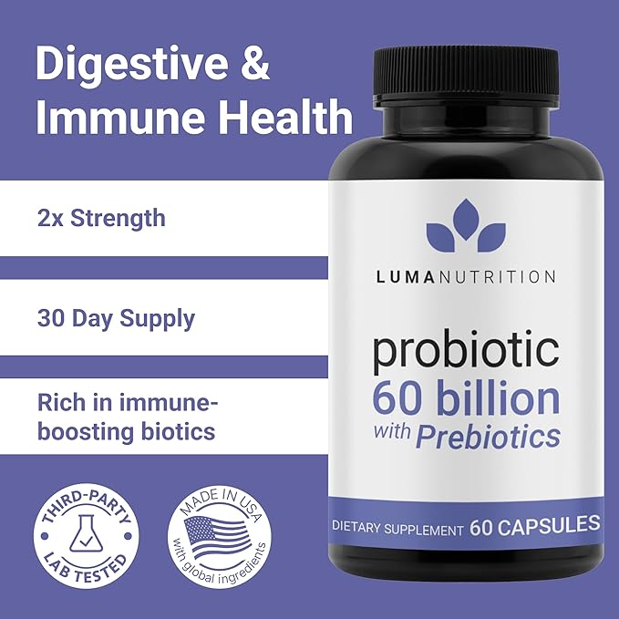 Luma Nutrition Probiotics 60 Billion CFU with Prebiotics - Probiotics for Women - Probiotics for Men - Formulated for Digestive Health - 60 Capsules
