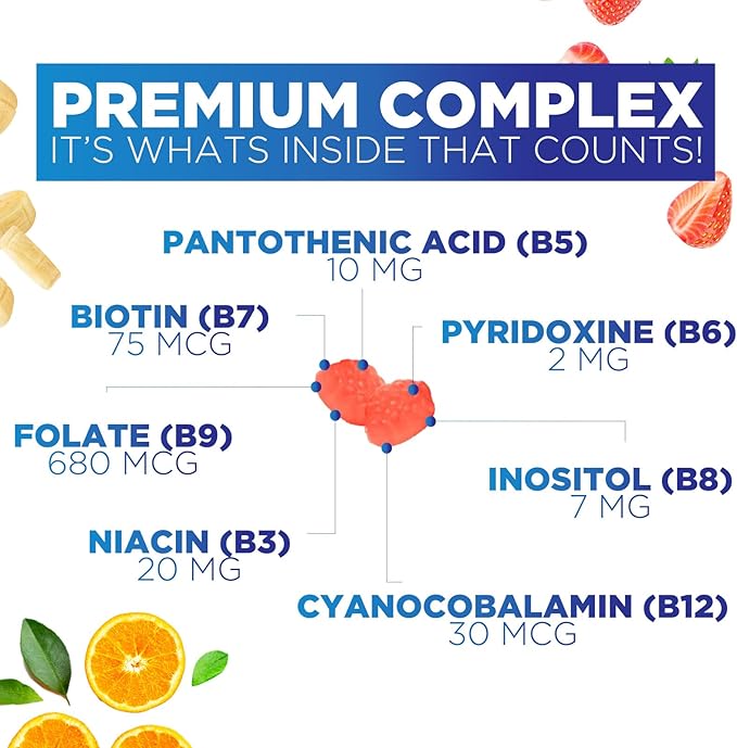Super B Complex Gummies with Vitamin B6, Folic B12, Biotin, 120 Gummies