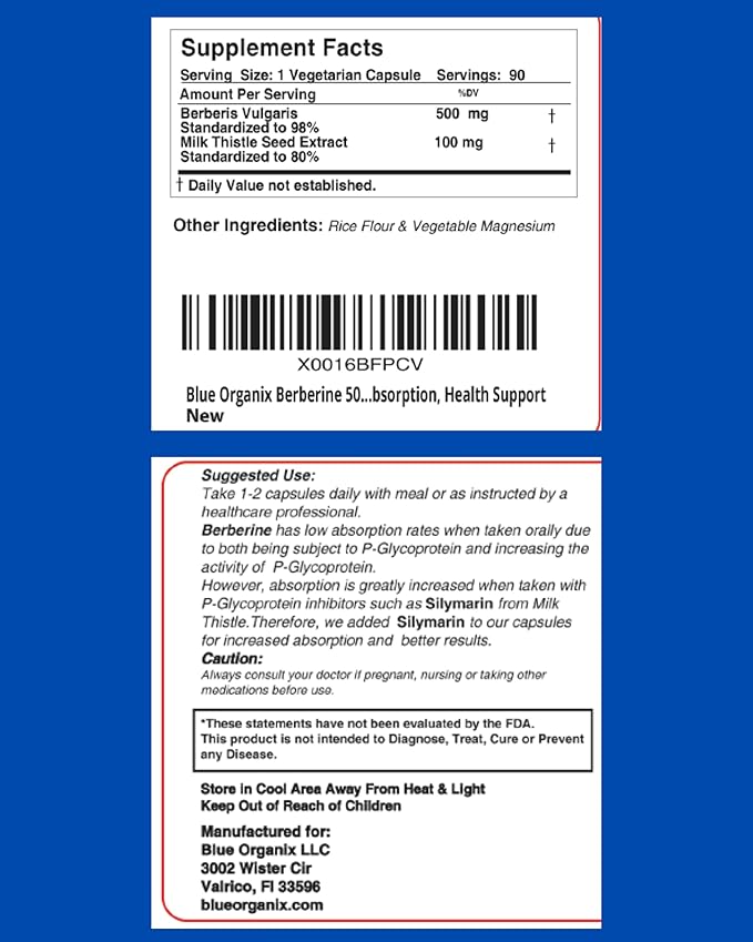 Berberine with Milk Thistle 500mg Formula 90 Vegetarian 1 Bottle,