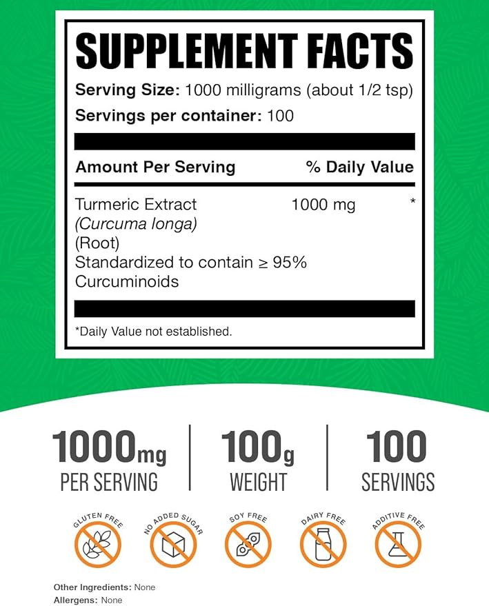 BulkSupplements.com Turmeric Extract Powder - from Turmeric Root, Curcumin Supplements 1000mg, Turmeric Curcumin Powder - Gluten Free, 1000mg per Serving, 100g (3.5 oz) (Pack of 1)