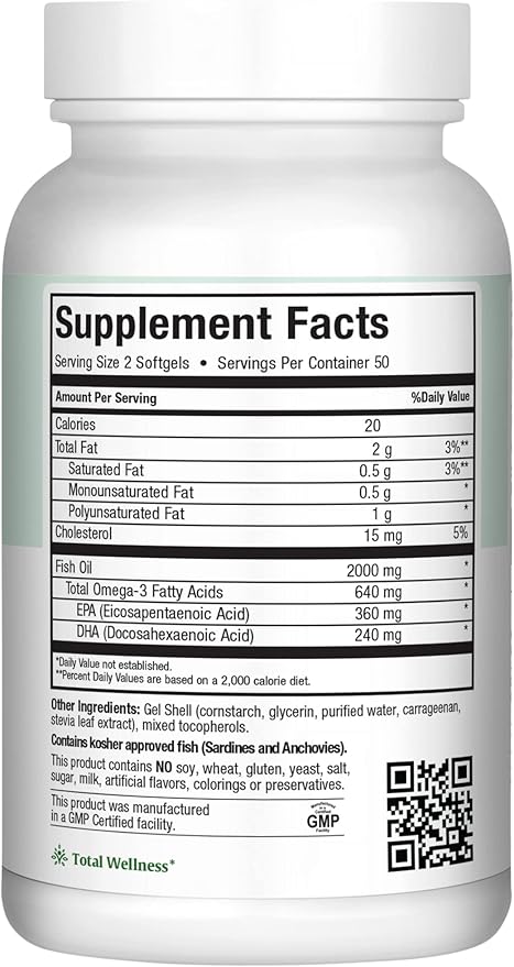 Omega 3 Fish Oil - Triple Strength 2000 mg Kosher Fish Oil Supplements - No Fishy Aftertaste Omega 3 Supplement - Burpless Fish Oil Omega 3 Fatty Acid Supplement with EPA and DHA (100 Softgels)
