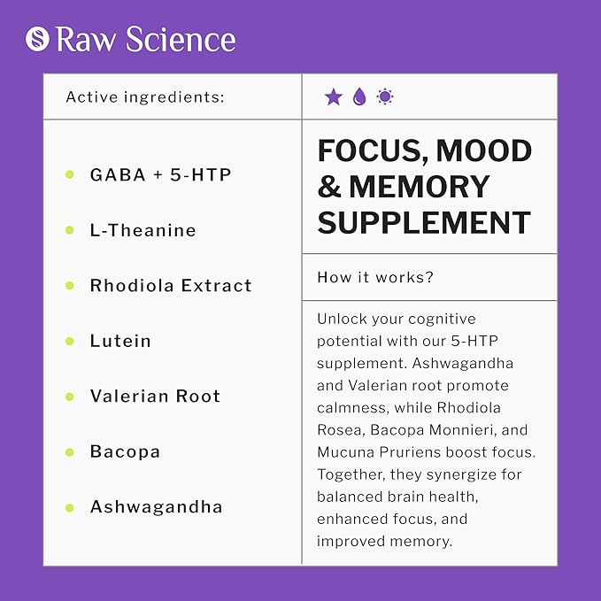 Brain Supplements for Memory and Focus - Ashwagandha, L Theanine, Rhodiola Extract, GABA, 5HTP - Nootropic, Mood Support & Cortisol Supplement - Magnesium Oxide, Mucuna Pruriens - 60 Capsules