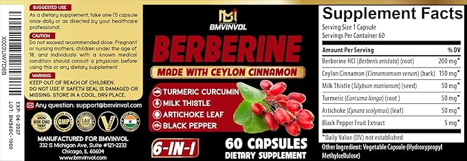 Berberine with Ceylon Cinnamon, Turmeric, Milk Thistle, Artichoke, Black Pepper - 60 Count - Pack of 1