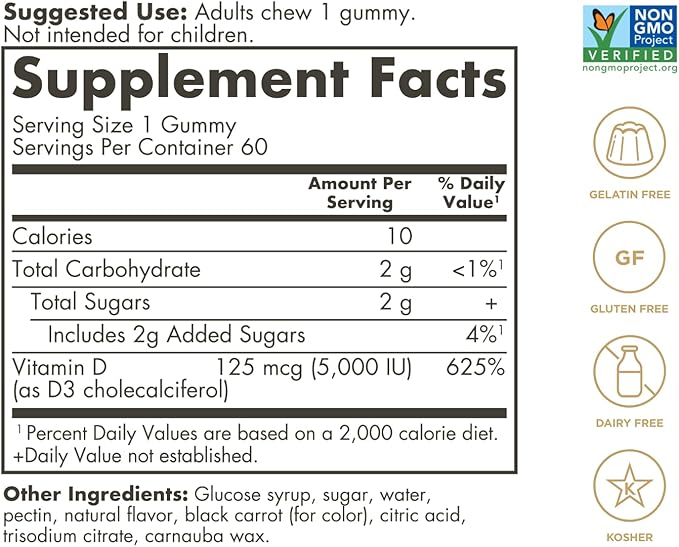 Solgar Vitamin D3 Gummies for Adults 5,000IU Ultra Potency Vitamin Immune System Support for Women & Men - Tasty Strawberry Flavor, Gluten & Gelatin Free Gummy, 2 Month Supply, 60 Servings, 2g Sugar