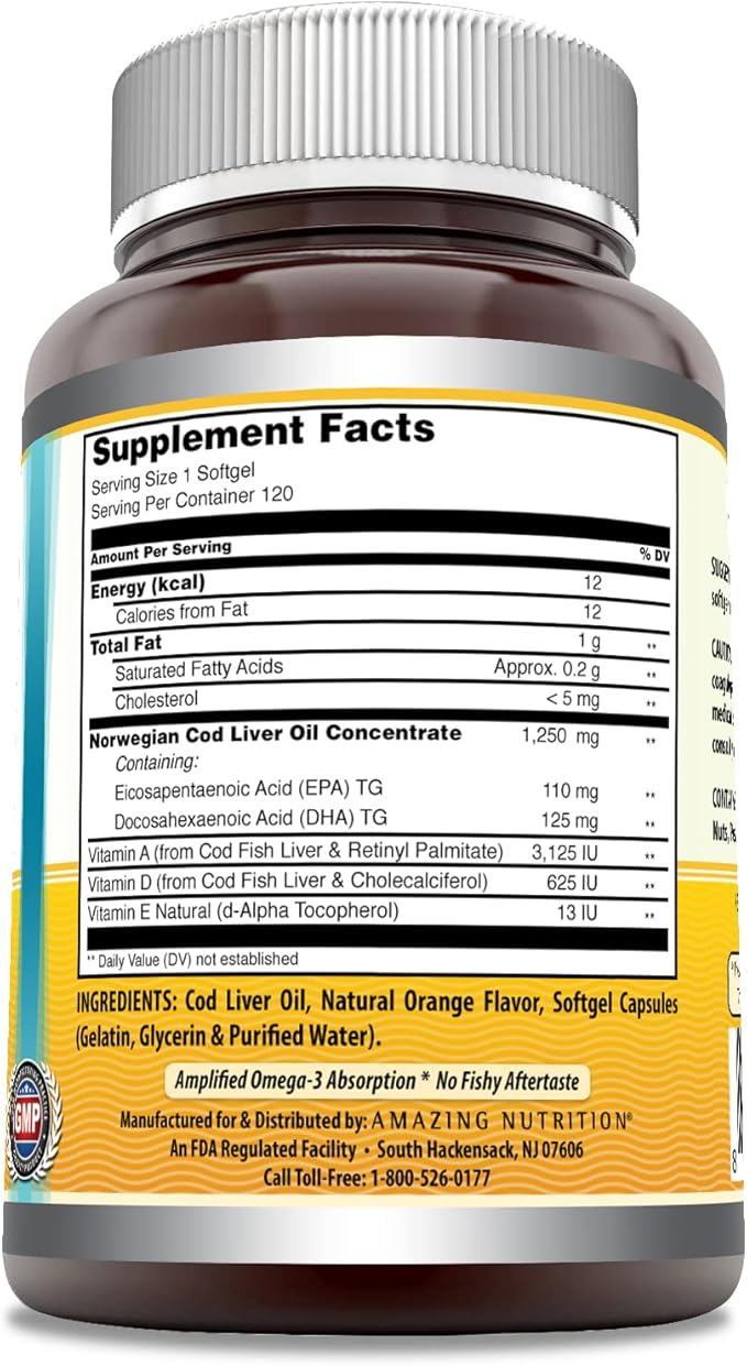 Amazing Omega Norwegian Cod Liver Oil 1250 mg 120 Softgels