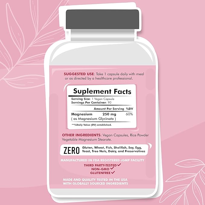 Magnesium Glycinate for Women, Elemental 250mg 90 Day