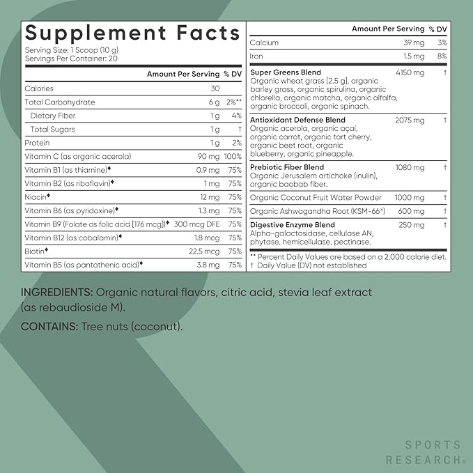 Sports Research® Organic Greens Superfood Powder w/Spirulina & Chlorella, Adaptogens, Enzymes, Probiotics & B Vitamins for Gut & Mood Support* - Vegan, Sugar-Free & Low Cal - 20 Servings