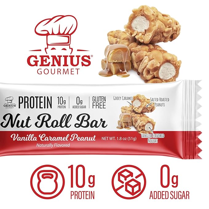 Genius Gourmet Protein Nut Roll Bars Vanilla Caramel Peanut - 10g Protein, Zero Added Sugar, Gluten Free, Non-GMO - Sweet Protein Snack & Protein Dessert for Adults and Kids - 10 Ct Box