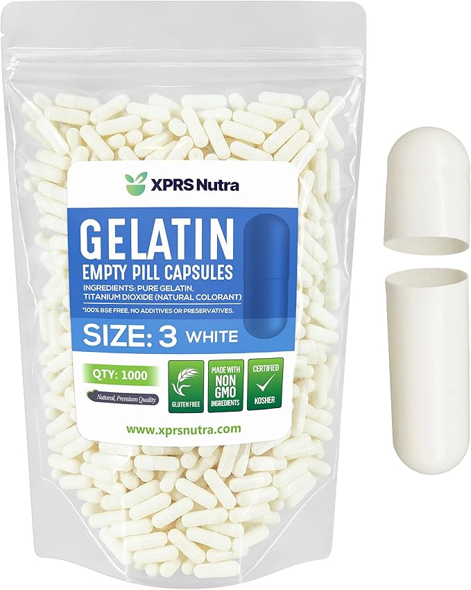 XPRS Nutra Size 3 Empty Capsules - 1000 Count Empty Gelatin Capsules - Empty Pill Capsules - DIY Capsule Filling - Pure Bovine Pill Capsules Empty Gel Caps (White)