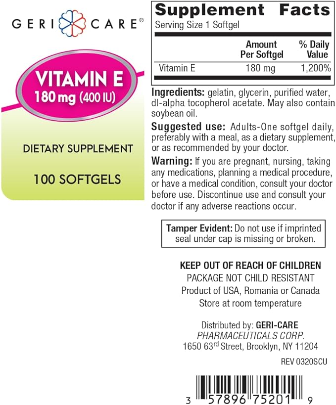 GeriCare Vitamin E Supplement 180 mg (400 IU) 100 Count 1)