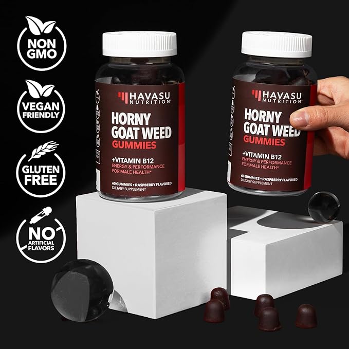 Horny Goat Weed Gummies with Vitamin B12 - Energy, Endurance & Performance Support for Men and Women - Enhanced with B12 Vitamins for Mood & Male Health Support - 60 Raspberry Vegan Gummies
