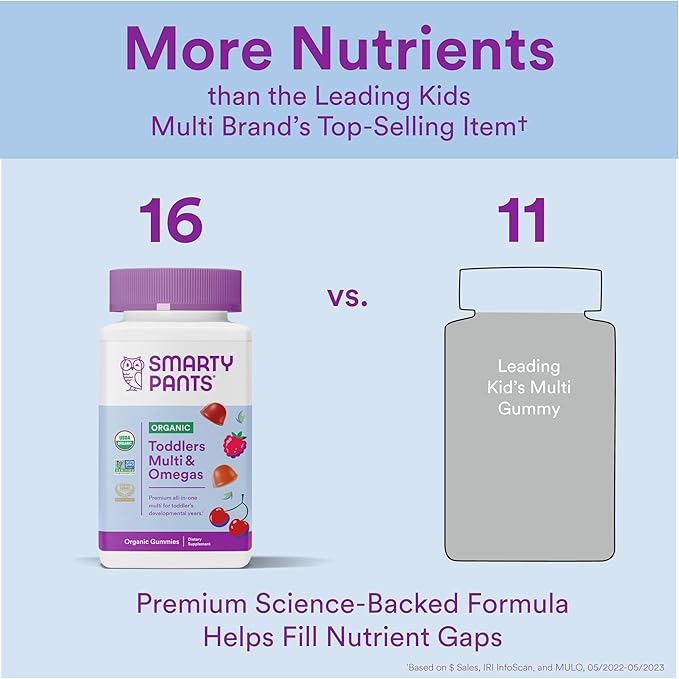 SmartyPants Organic Toddler Multivitamin Gummies: Probiotics, 3 (ALA), D3, C, B12, B6, B6, Vitamin 60 Count (30 Day
