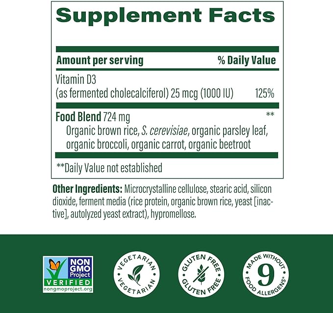 MegaFood Vitamin D3 1000 IU (25 mcg) - Vitamin D Supplements with Real Food, Immune Support, Supports Bones, Teeth & Muscles, Vegetarian, Gluten-Free, Non-GMO, Kosher – 90 Tablets, 90 Servings