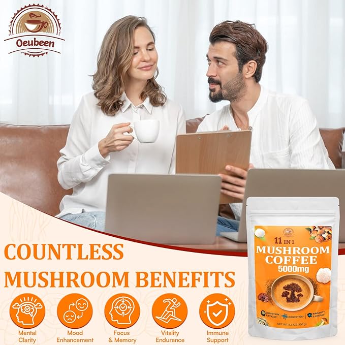 Mushroom Coffee - Mushroom Coffee Organic with 11 Superfood Mushrooms, Includes Lion's Mane, Reishi, Chaga, Cordyceps and Adaptogen*, Mushroom Supplement for Energy, Focus, Memory and Immunity -74.2oz