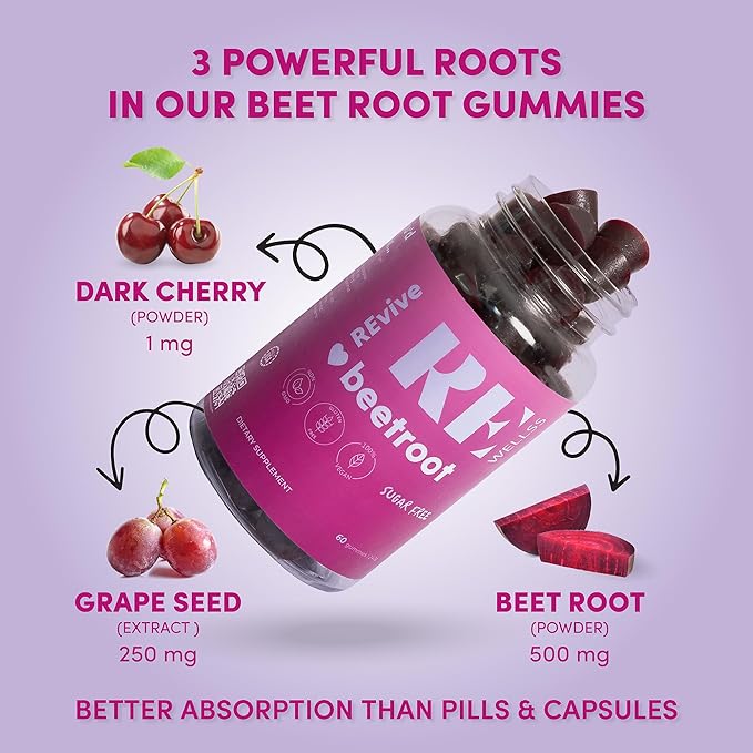 Beet Root Gummies with Grape Seed Extract Energy Supplements I Sugar Free Nitric Oxide Supplements for Men & Women I Heart Healthy Energy & Blood Pressure Support I 60 Gummies - Cherry Flavor