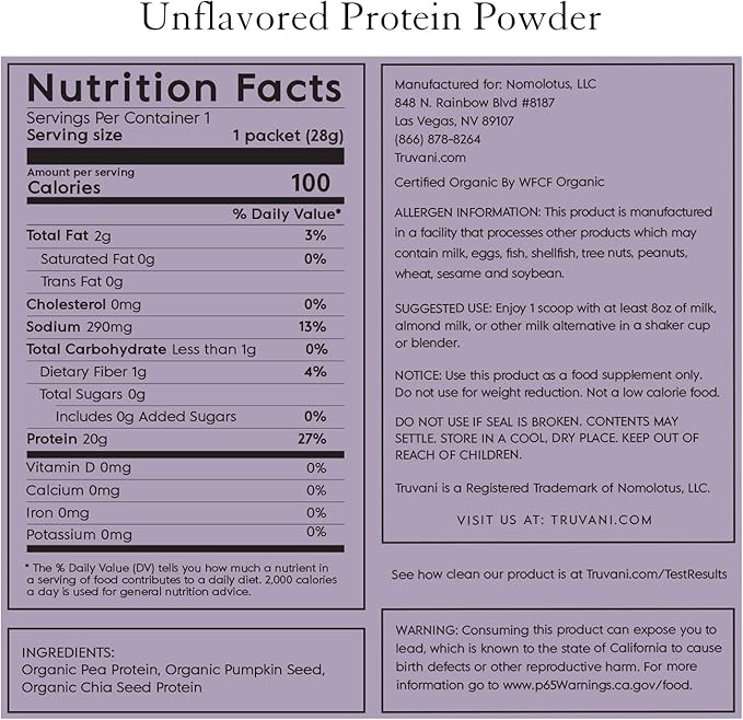Truvani Vegan Pea Protein Powder 20g Organic 1 Serving