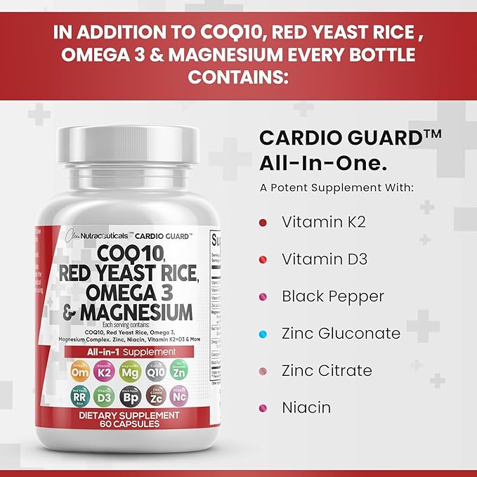 COQ10 200mg Red Yeast Rice 3000mg 3 3000mg 3000mg Magnesium 500mg Niacin K2 D3 D3 - B3, Coenzyme Q10-60 Ct