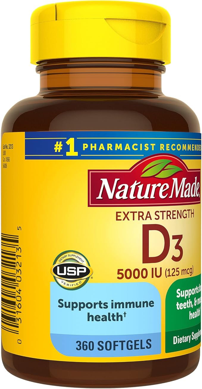 Nature Made Extra Strength Vitamin D3 5000 IU (125 mcg), 360 Softgels, 360 Day
