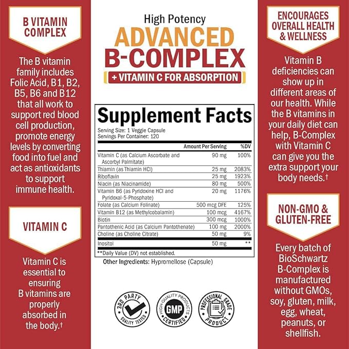 Vitamin B Complex with Vitamin C b12 & B1 B2 B2 B3 B3 B5 B5 B6 B6 B7 B7 B9 B9 for 120ct