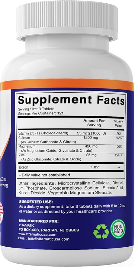 Vitamatic Calcium Magnesium Zinc D3 Boron 365 Coated 1200 mg, 420mg, Zinc 25mg, Vitamin D3 1000 1000 IU, 1 mg