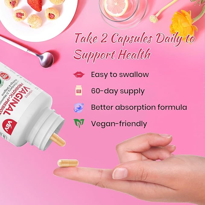 VEV Women’s Vaginal Probiotics + Prebiotics, 60 Billion CFUs, 19 Strains with D-Mannose, Cranberry, Supports Digestive, Vaginal and Feminine Wellness, Easy to Swallow, 120 Capsules (60-Day Supply)