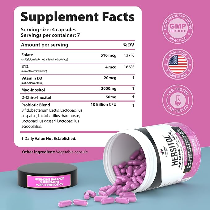 Hormone Balance for Women, PCOS, Ovarian Support, Fertility, Menstrual Cycle | Myo-Inositol & D-Chiro Inositol Supplement 40:1 Ratio With Folic Acid, B12 & Probiotics | Female Vitamins 30 Capsules