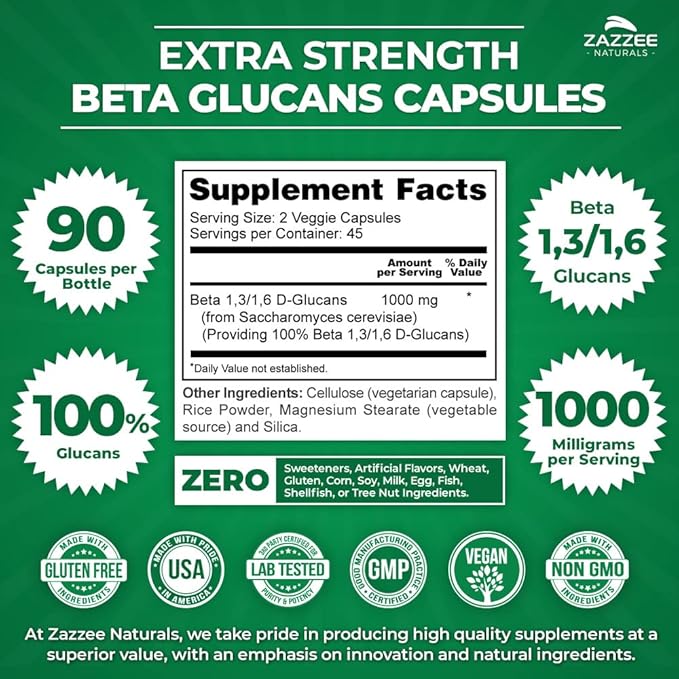 Zazzee Extra Strength 1,3/1,6 Beta Glucans, 1000 mg, 100% Concentrated, 90 Vegan 100% Vegetarian,
