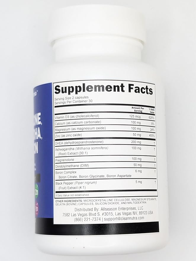DHEA 200mg Supplement Pregnenolone 100mg for Men & Women with DIM Ashwagandha Boron 6mg Complex Calcium Magnesium Zinc 50mg Vitamin D3 5000 iu Hormone Support Capsules Pills - Made in USA 60 Ct