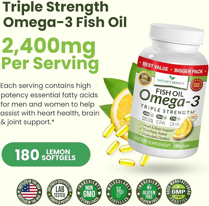 Best Triple Strength Omega 3 Fish 180 Capsules 2400mg High 864mg EPA 576mg DHA