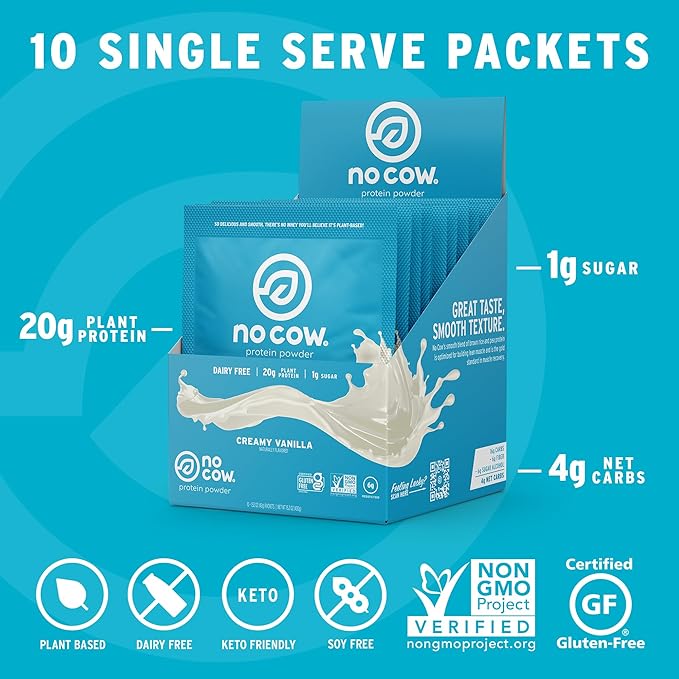 No Cow Vegan Protein Powder, Vanilla, 20g Plant 10 Count