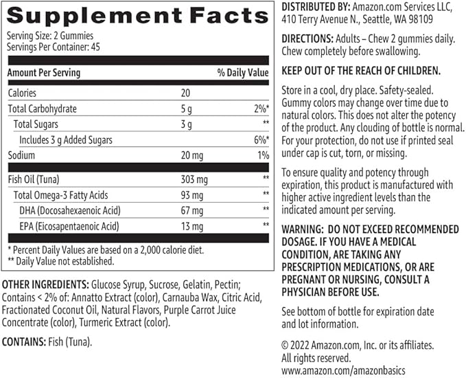 Amazon Basics Fish Oil 303 mg, 90 Gummies (2 per Omega-3 fatty