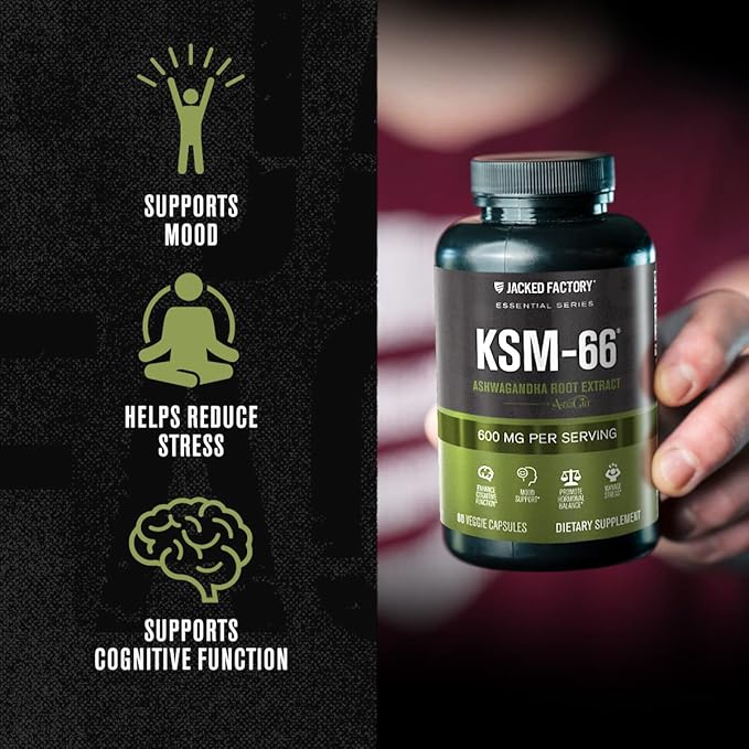 Jacked Factory Ashwagandha Root Extract (KSM-66 Ashwagandha) w/ 5% Withanolides - Supplement for Natural Stress Relief, Cognitive Function, Vitality, and Mood Support - 60 Veggie Capsules