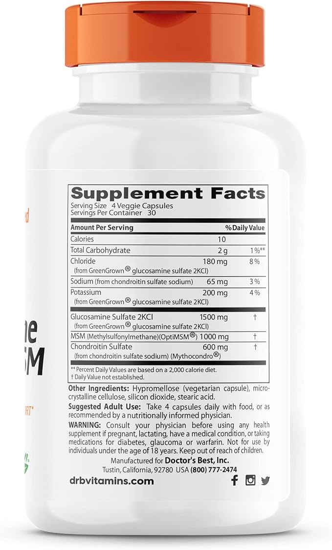 Doctor's Best Vegan Glucosamine Chondroitin MSM, Capsule,120 count