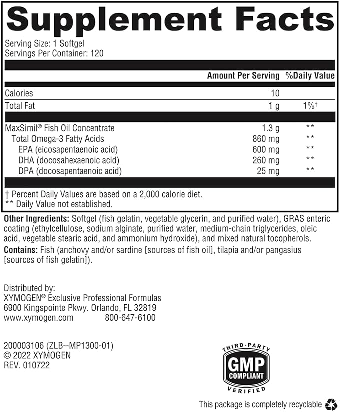 XYMOGEN Omega MonoPure 1300 EC 3X Greater Omega-3 Supplement (120 Softgels)