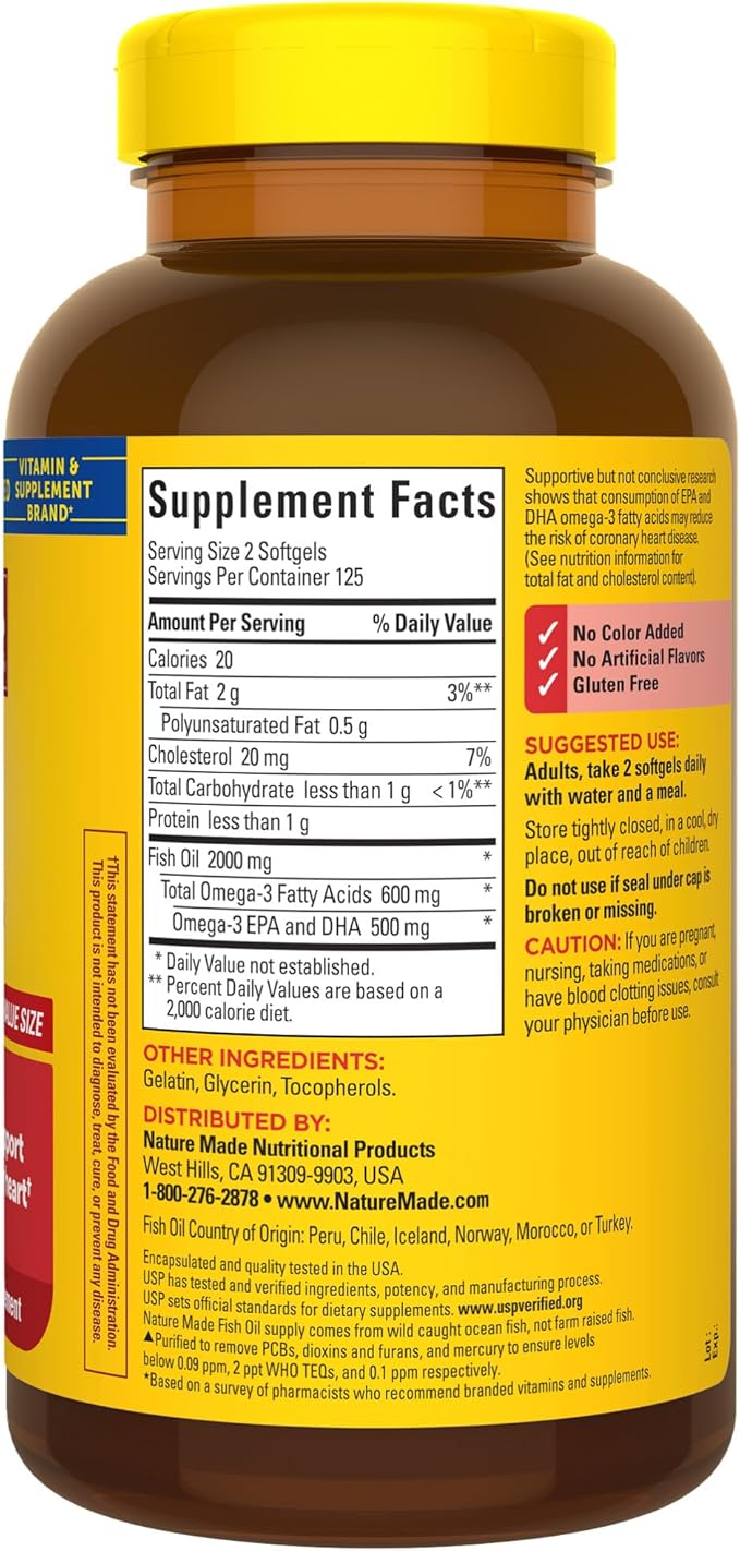Nature Made Fish Oil 1000 mg 3 Fish 3 Supplement 250 Softgels, 125 Day