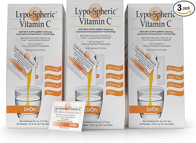 LivOn Laboratories Lypo–Spheric Vitamin C – 3 Cartons (90 Packets) 1,000 mg 1,000 mg 100% Non–GMO