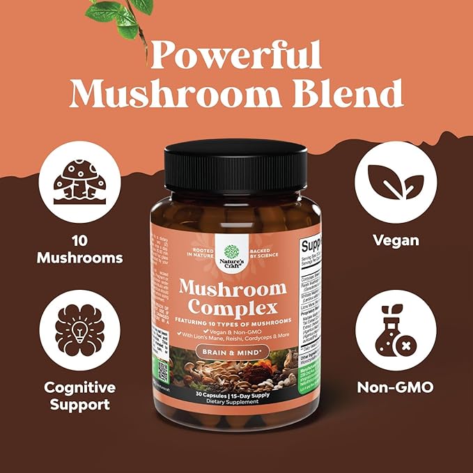 Extra Strength Mushroom Complex Capsules 10X Lions 1330mg Adaptogenic