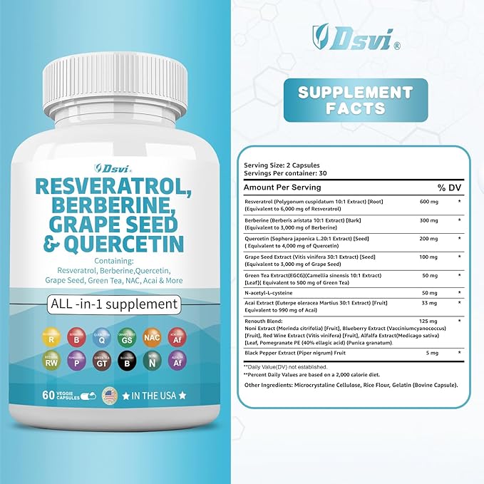 60 Capsules Resveratrol 6000mg Berberine 3000mg 3000mg Quercetin 4000mg Green