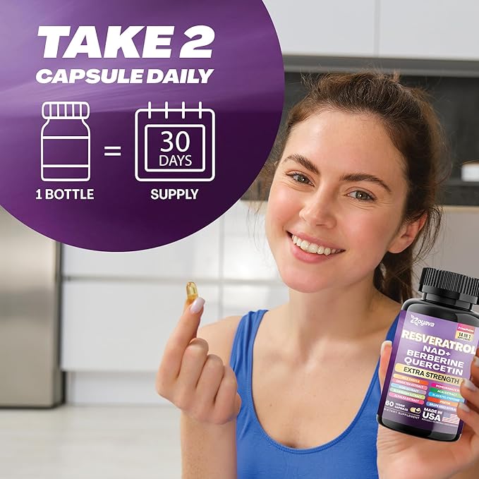 Resveratrol Supplement 12600mg NAD+ 100mg Milk 900mg Berberine 4000mg Fisetin 500mg Quercetin 800mg NAC 100mg Grape 400mg Green 400mg with (60 Caps)