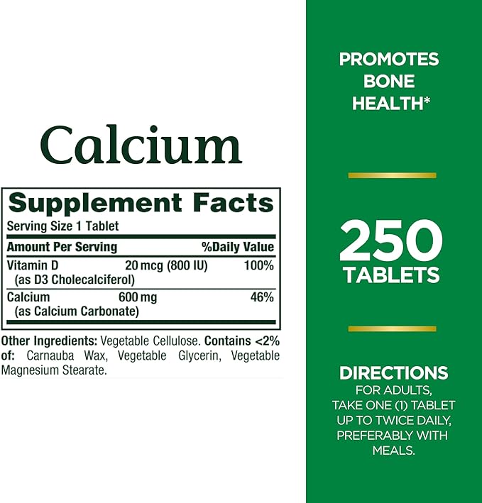 Nature's Bounty Calcium Carbonate & Vitamin 600mg Calcium 800IU Vitamin D3, 250 250 Tablets