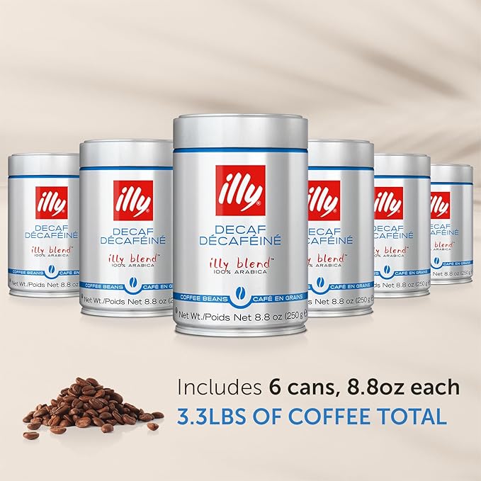 illy Whole Bean Coffee - Perfectly Roasted Whole Coffee Beans – Classico Decaf Roast - with Notes of Caramel, Toasted Bread & Chocolate - 100% Arabica Coffee - No Preservatives – 8.8 Ounce, 6 Pack
