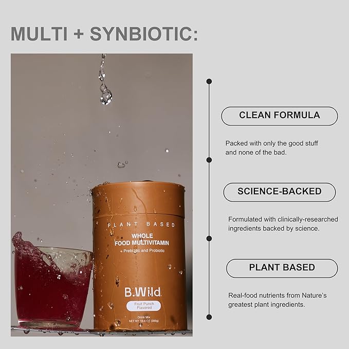 Multivitamin Drink Mix | B.Wild Plant Based Antioxidant Drink | Prebiotics and Probiotics for Digestive Health | Fruit Punch Flavor - 300 g